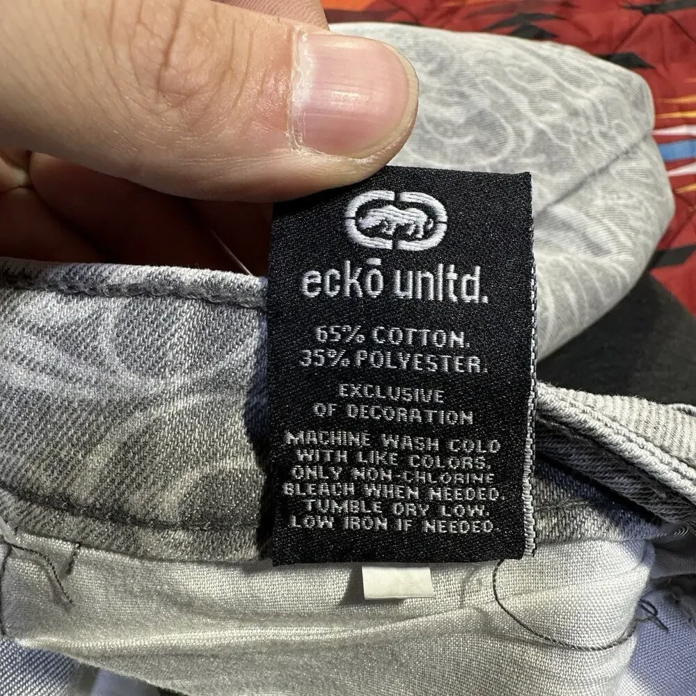 Ecko Unltd All Over Print Script Gray Denim Shorts Men’s Sz 32 Jorts Relaxed AOP